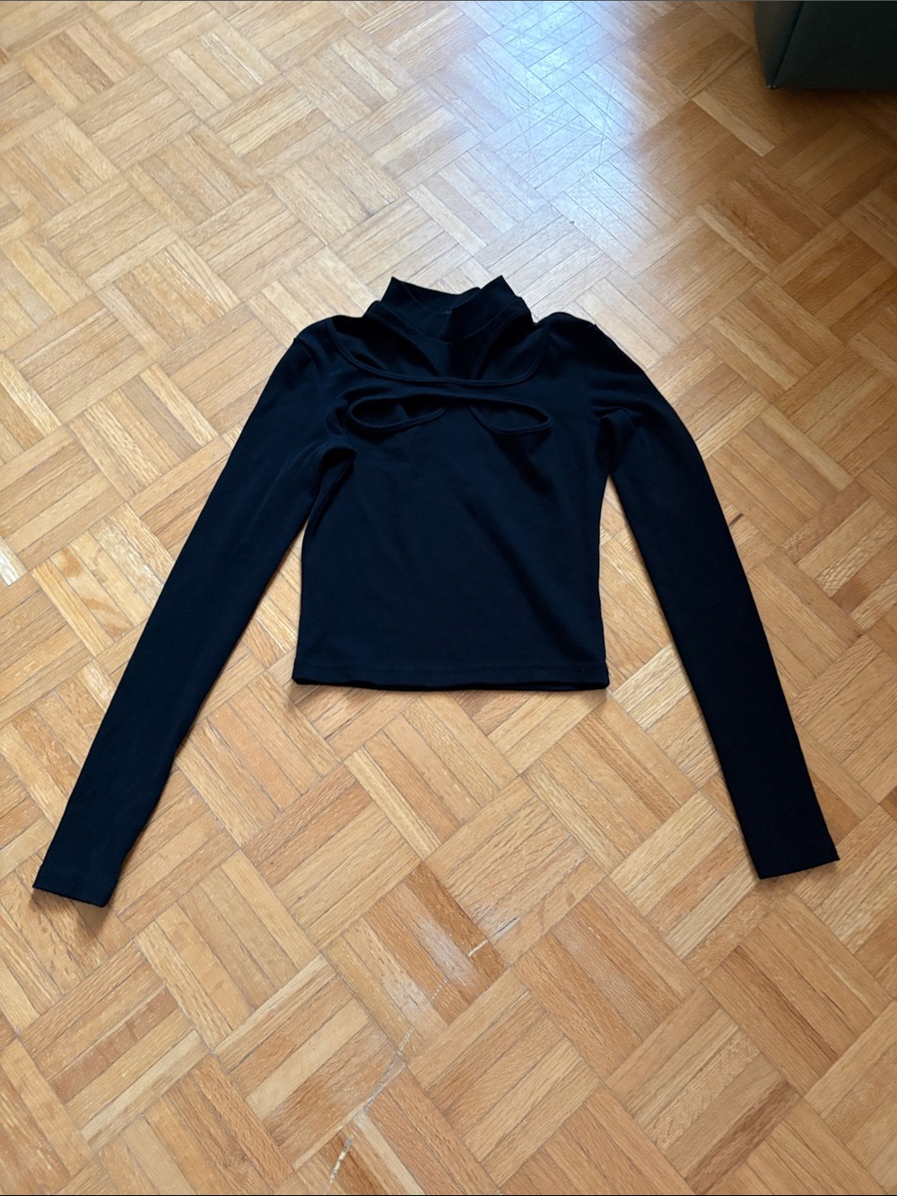 The Kript Black Long-Sleeve Cutout Mock Neck Top